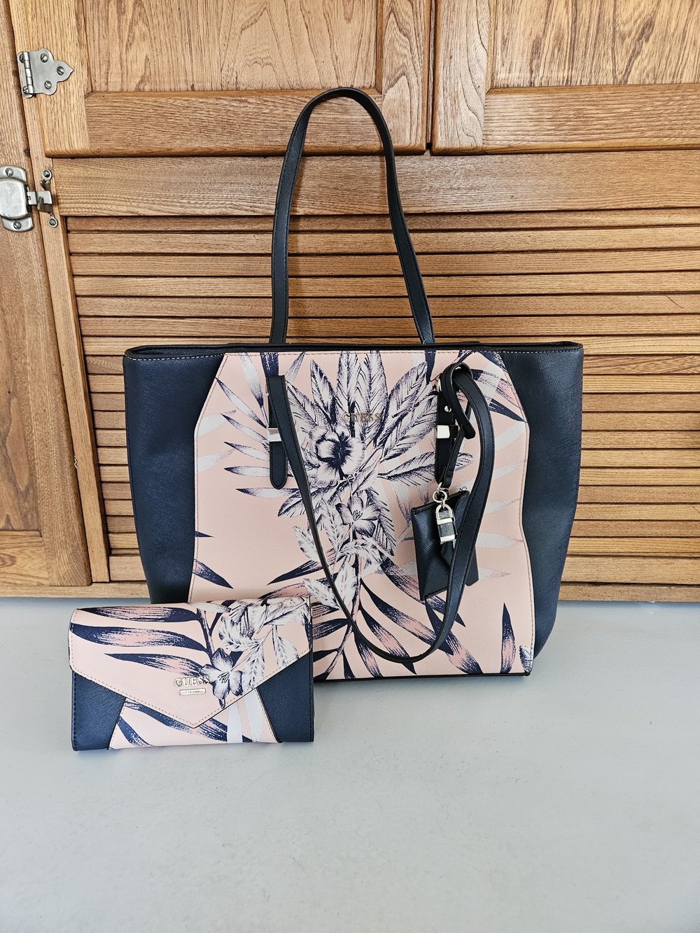 Guess Floral Print Tote and Wallet Set - Pink and Navy Floral